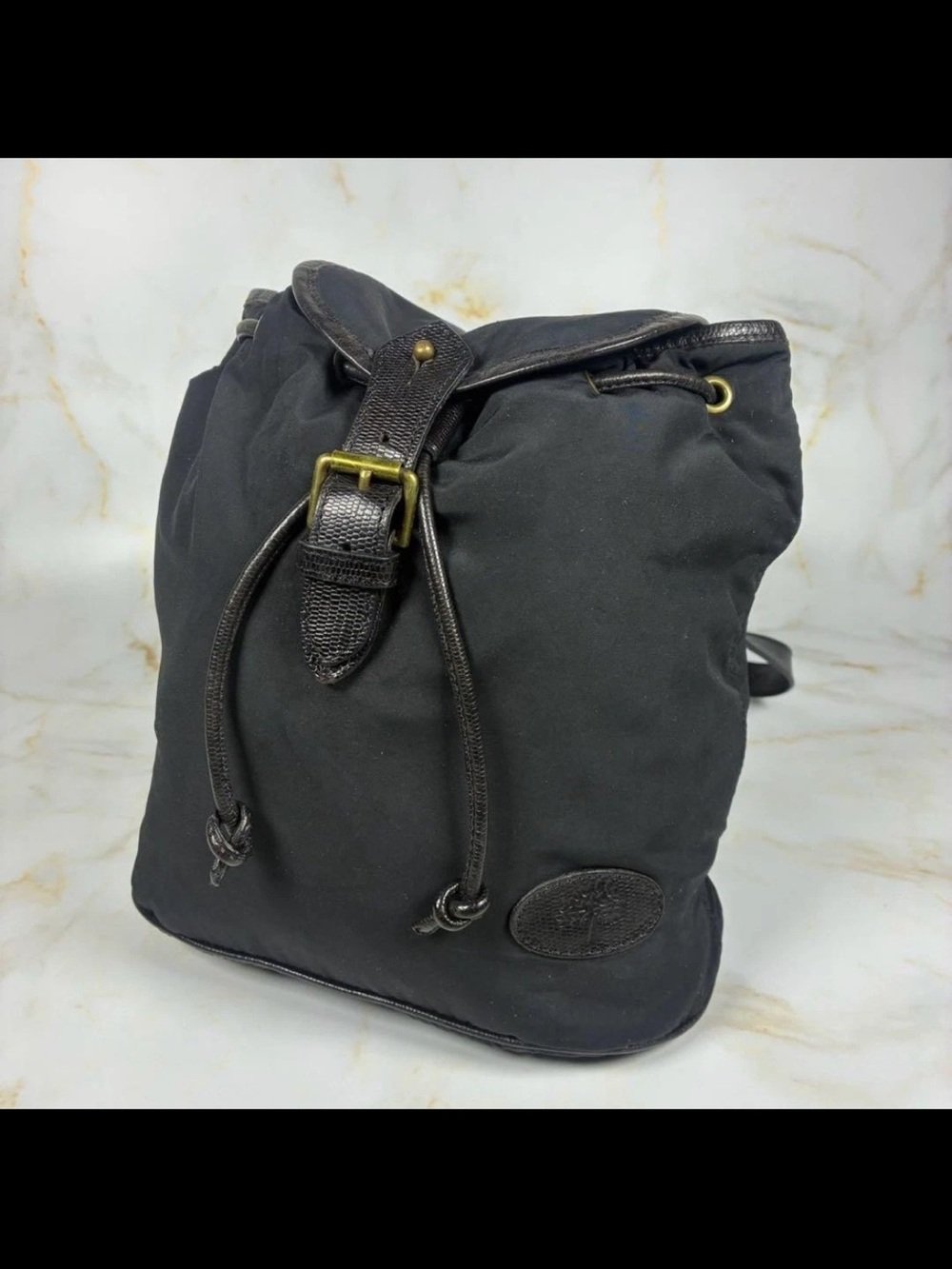 Mulberry Black Drawstring Backpack with Leather Trim